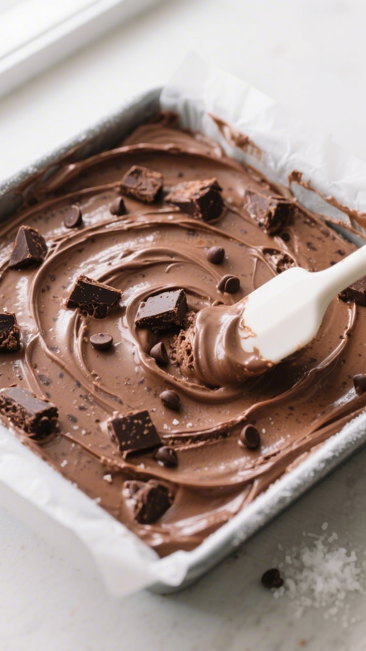 Cooking process close-up: Thick chocolate brownie protein ice cream base mid-freeze in a shallow, fr