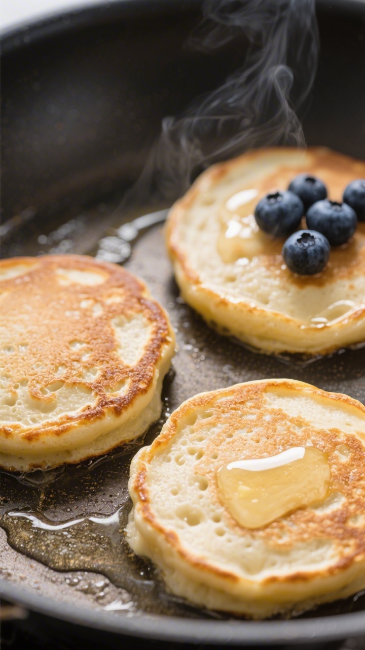Cooking process close-up: Three Greek yogurt pancakes on a nonstick skillet at medium heat, first si