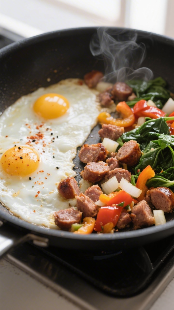 Cooking process close-up: Turkey sausage, diced onion, and bell pepper sizzling in a large nonstick 