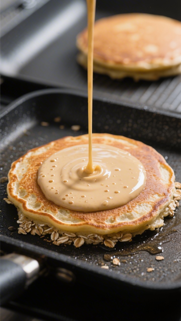 Cooking process close-up: Vegan protein pancake mid-cook on a preheated nonstick griddle, golden-bro