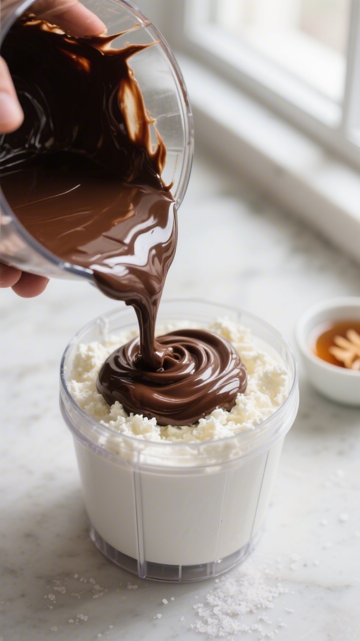 Cooking process close-up: Warm melted dark chocolate being streamed into a blender of perfectly smoo