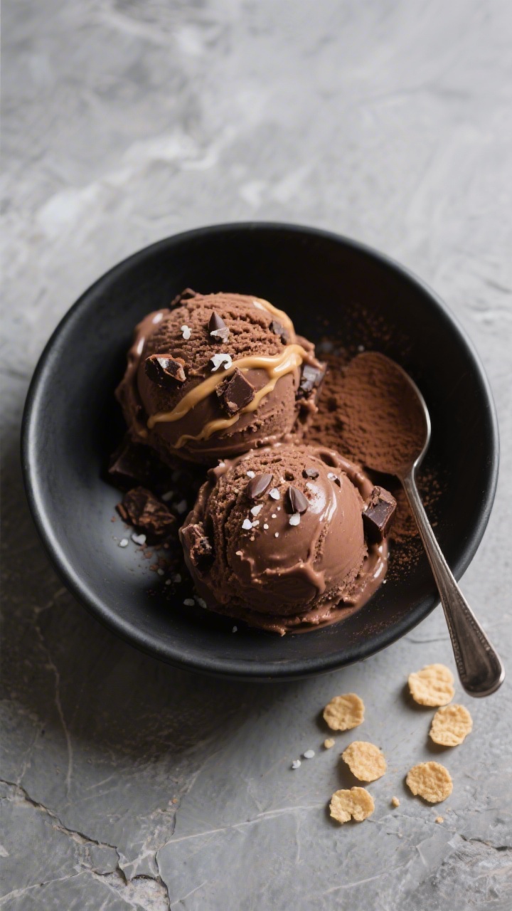 Final dish beauty shot: Two perfectly rounded scoops of chocolate brownie protein ice cream in a mat