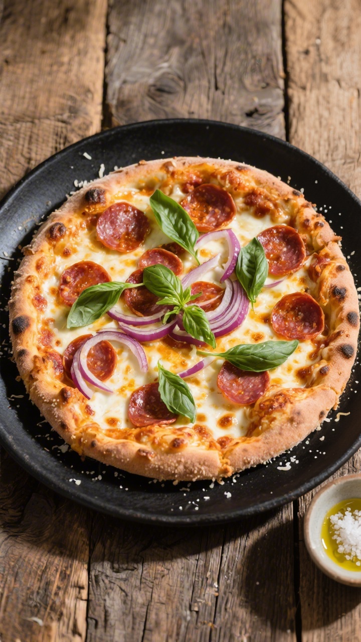 Final dish overhead: 10–12 inch Greek yogurt crust pizza baked until the edges are deeply golden w