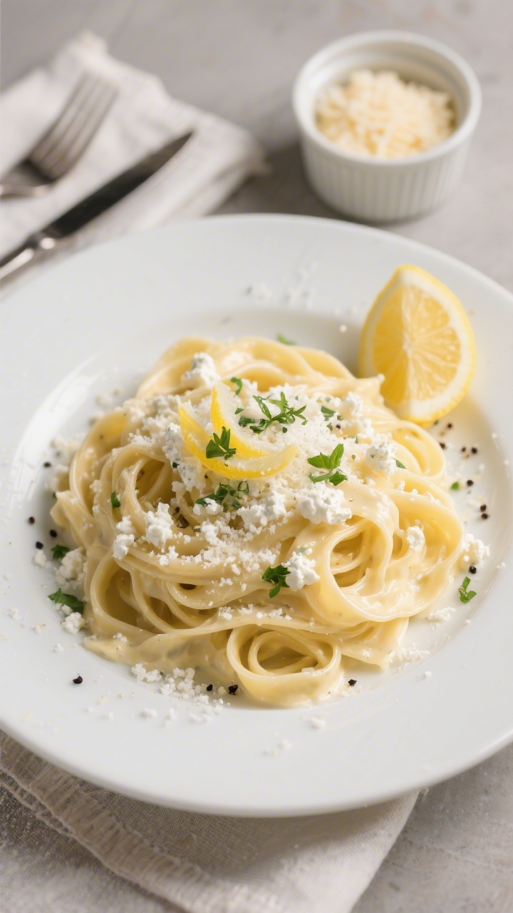 Final dish overhead: Beautifully plated fettuccine coated in ultra-creamy cottage cheese Alfredo, tw