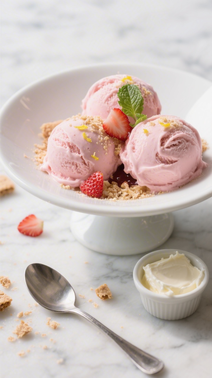 Final dish, overhead: Beautifully scooped strawberry cheesecake protein ice cream (under 300 calorie