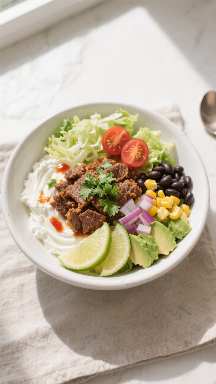 Final dish overhead: Cottage Cheese Taco Bowl beautifully layered in a wide white ceramic bowl—cre