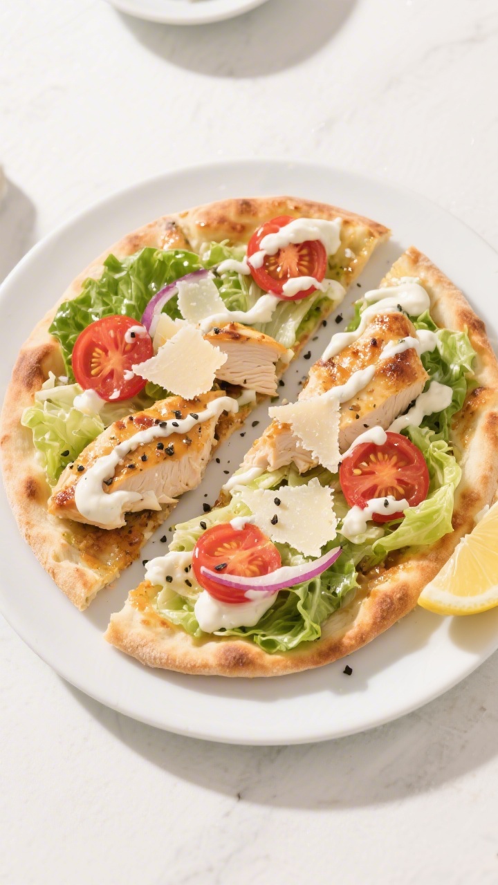 Final dish overhead: High Protein Chicken Caesar Flatbread sliced into wedges on a matte white platt