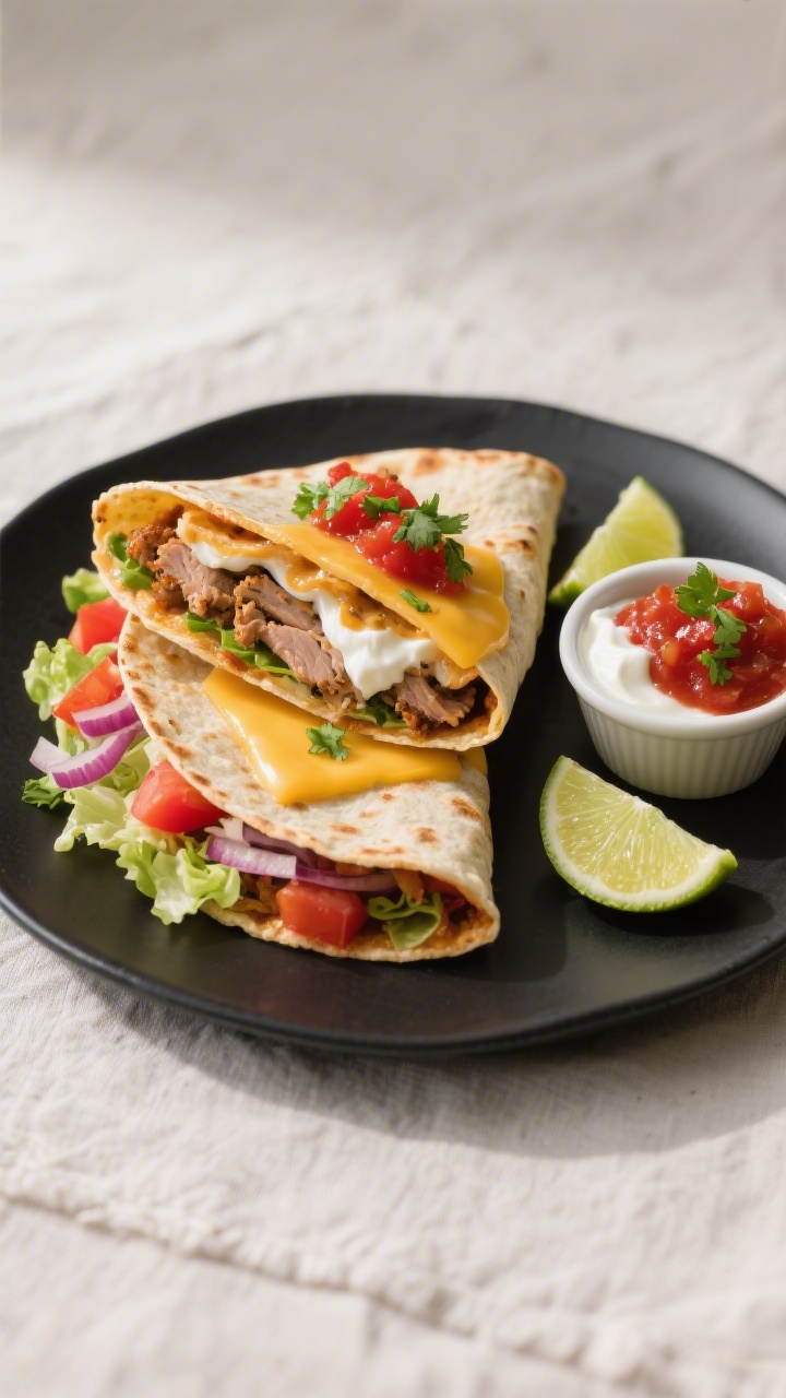 Final dish overhead presentation: Top-down shot of a sliced High Protein Crunchwrap Supreme on a mat