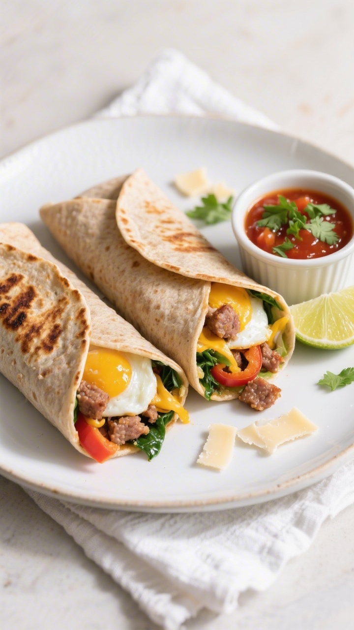 Final dish overhead: Toasted whole-wheat breakfast burritos, seam-side crisped and golden with light