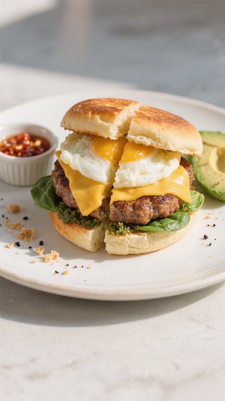 Final dish, tasty top view: Overhead shot of a classic English Muffin Breakfast Sandwich cut in half