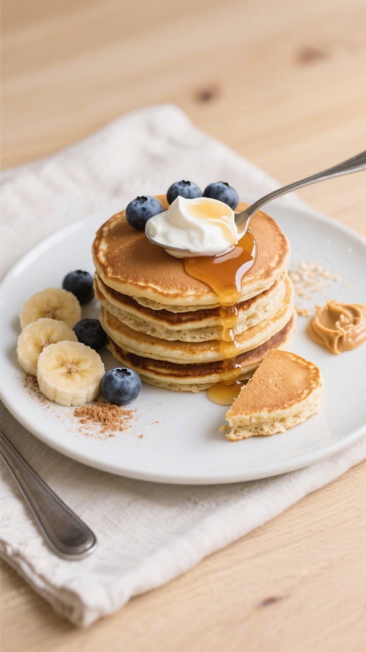 Final dish, tasty top view: Overhead shot of a neatly stacked tower of oatmeal protein pancakes on a