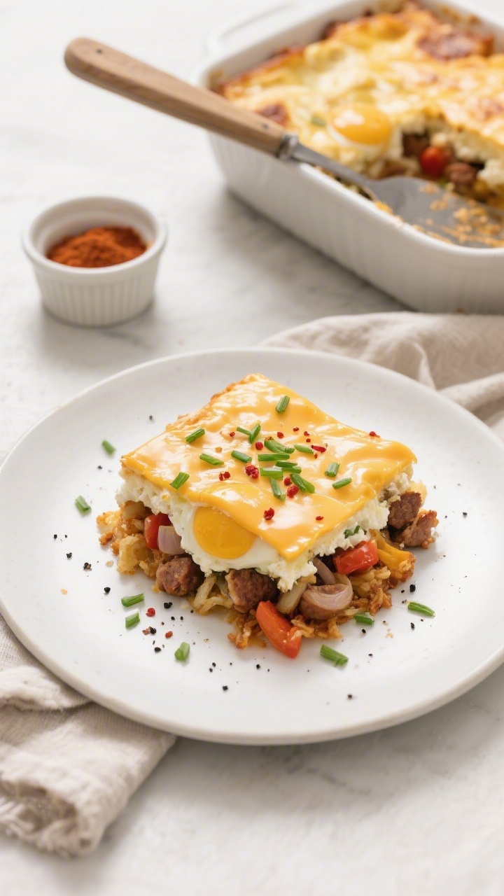 Final dish, tasty top view: Overhead shot of a sliced High Protein Amish Breakfast Casserole square