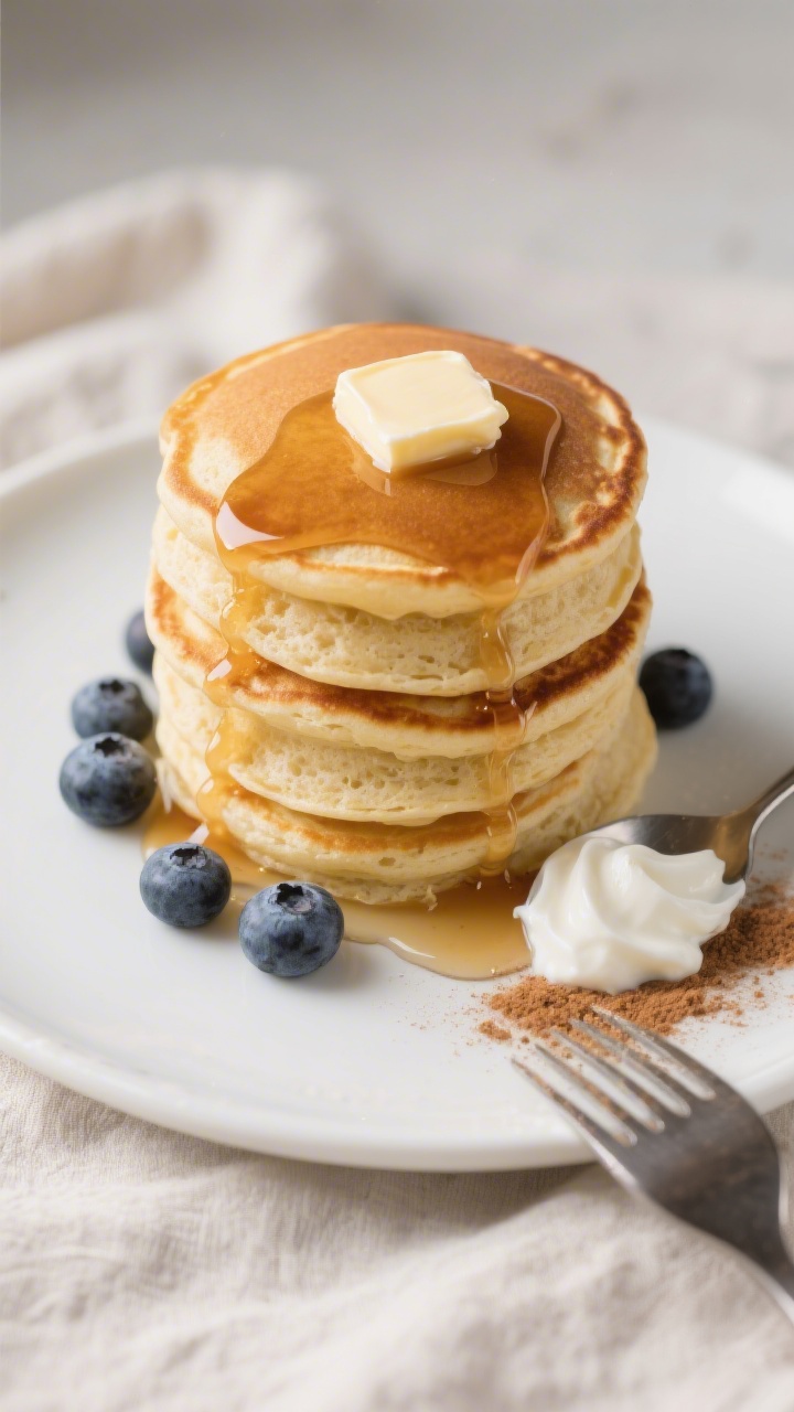 Final dish, tasty top view: Overhead shot of a tall stack of golden, fluffy protein pancakes on a ma