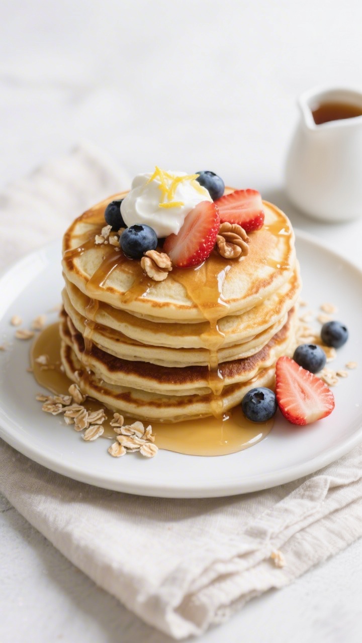 Final dish, tasty top view: Overhead shot of a tall stack of Greek Yogurt Protein Pancakes on a matt