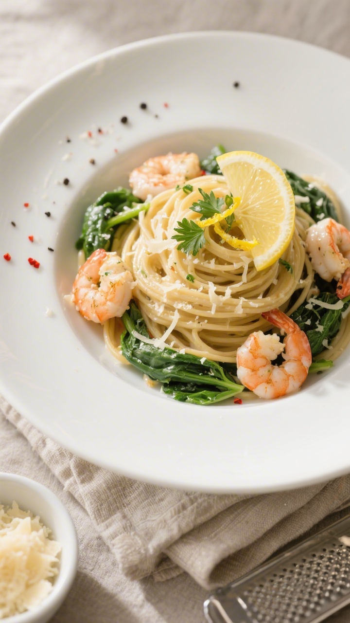 Final dish, tasty top view: Overhead shot of High Protein Creamy Garlic Shrimp Pasta twirled into a 