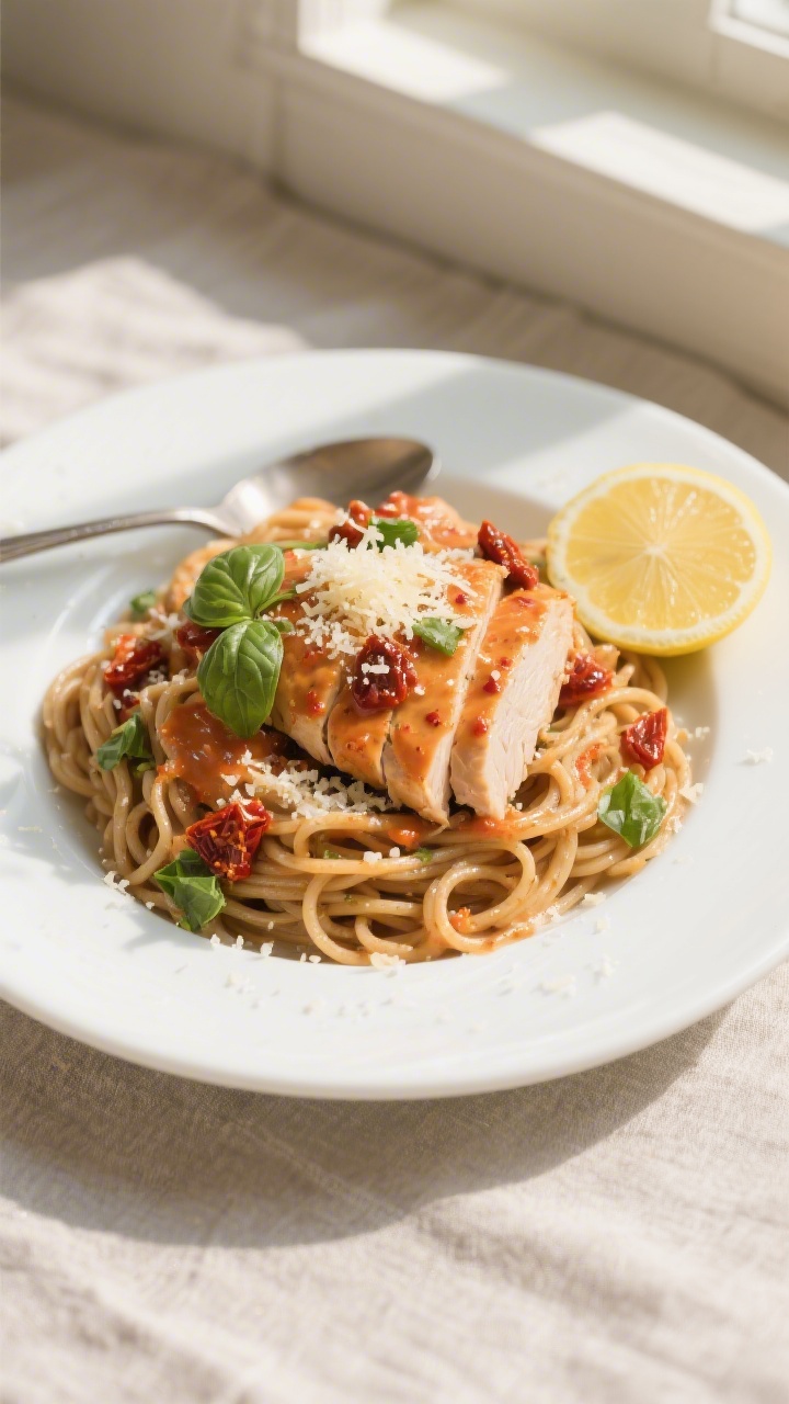 Final dish, tasty top view: Overhead shot of High Protein Marry Me Chicken plated over al dente whol