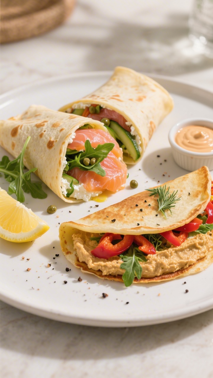 Final dish, tasty top view: Overhead shot of savory cottage cheese pancake wraps filled and rolled b