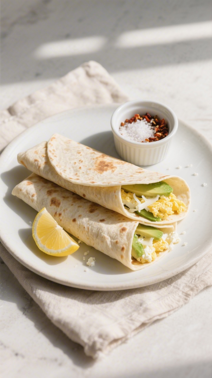 Final dish, tasty top view: Overhead shot of two warm, pliable cottage cheese protein tortillas stac