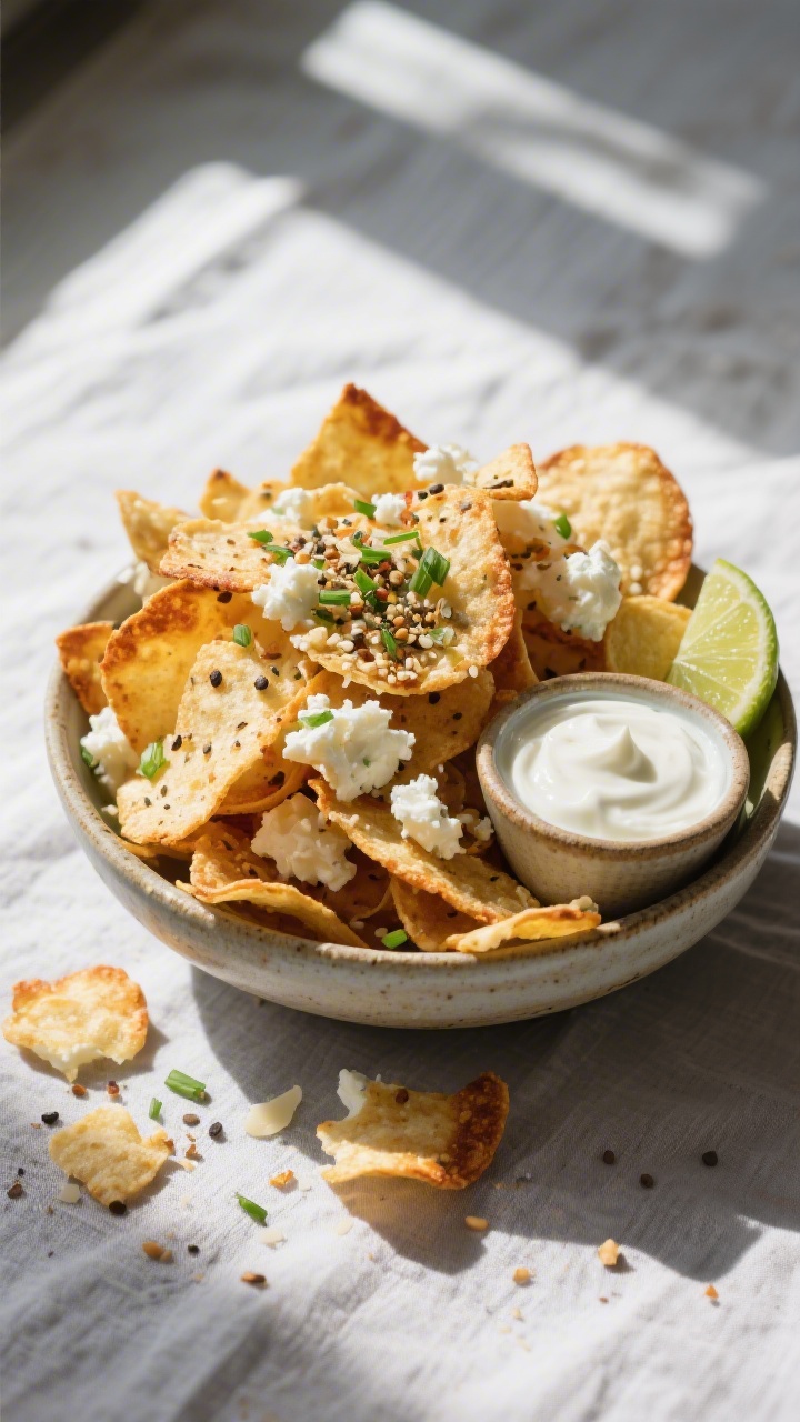 Final dish, top view: Overhead shot of a rustic ceramic bowl piled high with crispy cottage cheese c