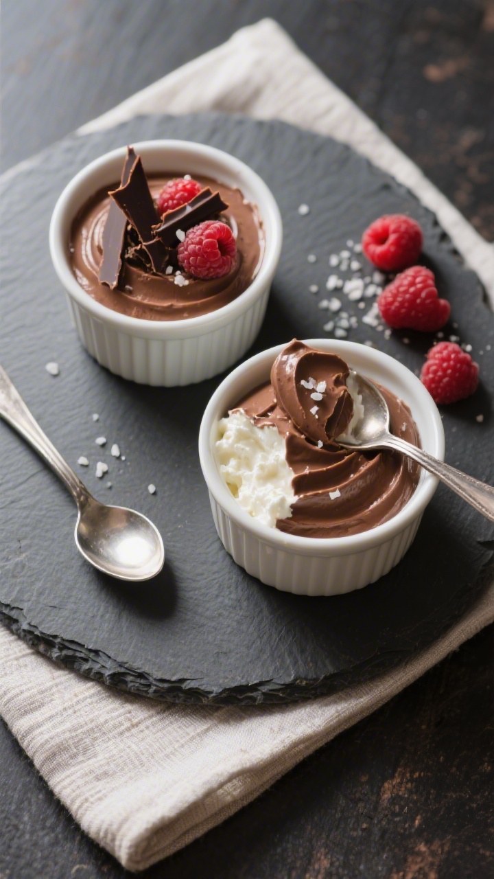 Final plated mousse, overhead: Two chilled ramekins of cottage cheese chocolate mousse set and velve