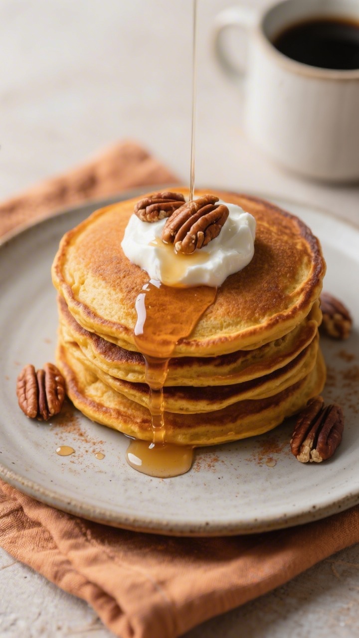 Final plated overhead: A cozy fall breakfast plate with a tall stack of pumpkin protein pancakes, de