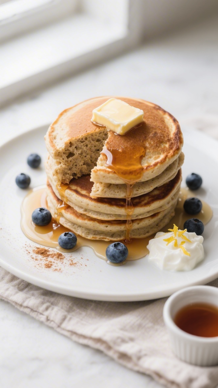 Final plated overhead: A tall, fluffy stack of gluten-free protein pancakes on a matte white plate, 