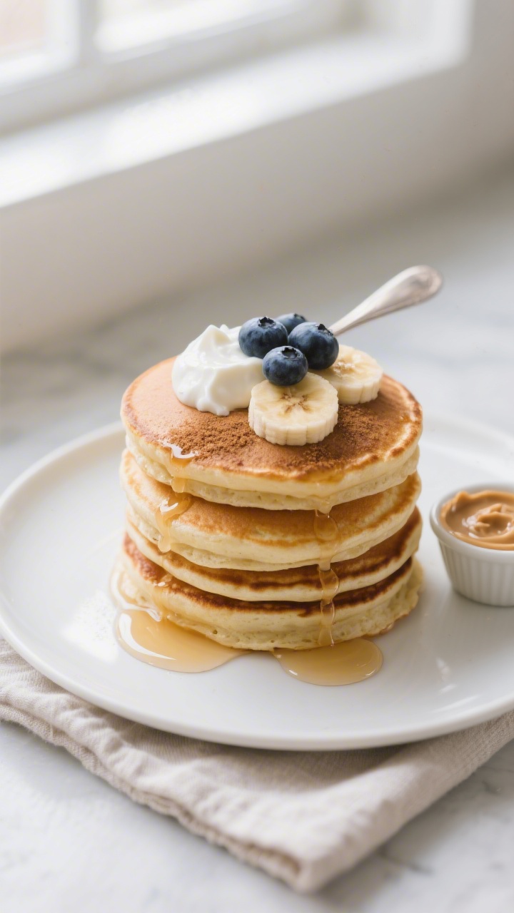 Final plated overhead: A tall stack of egg white protein pancakes, evenly golden-brown and tender, t