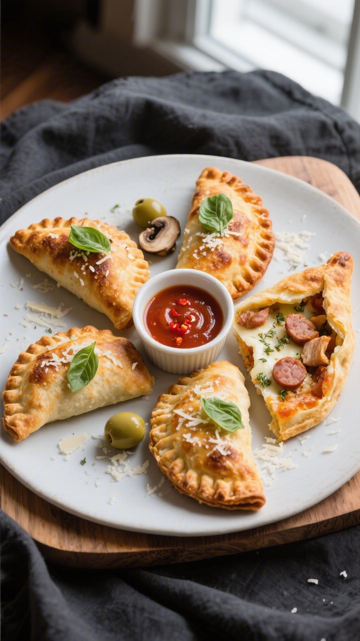 Final plated overhead: Four air fryer protein pizza pockets arranged in a circle on a matte white pl