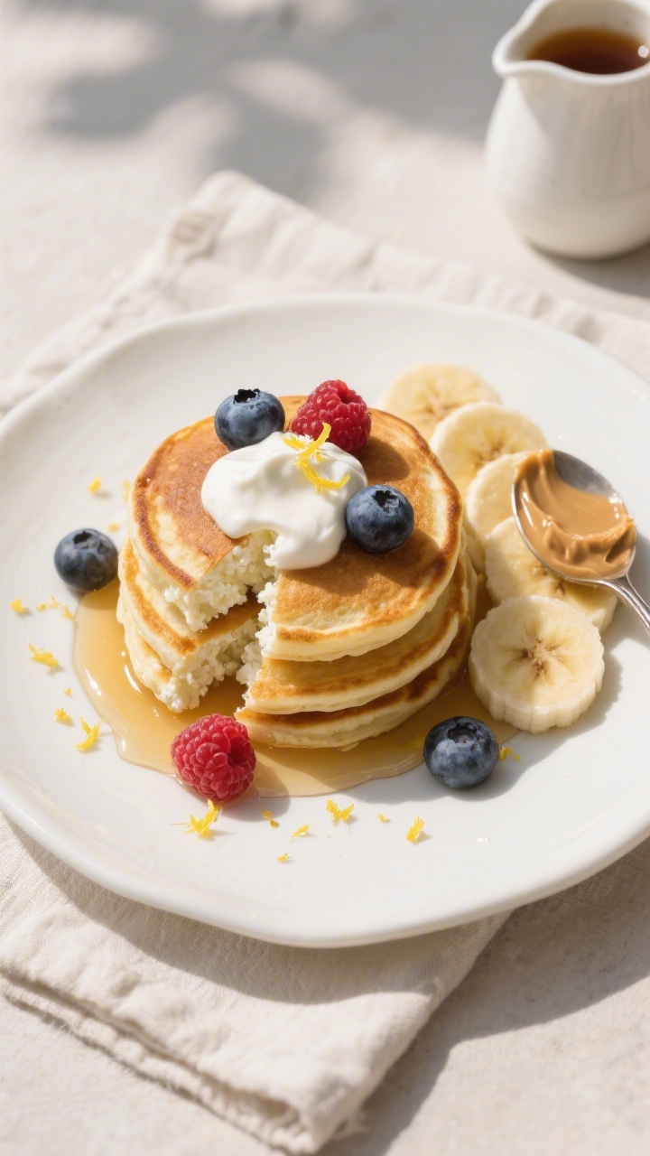 Final plated overhead shot: A neat stack of small, golden cottage cheese protein pancakes on a white