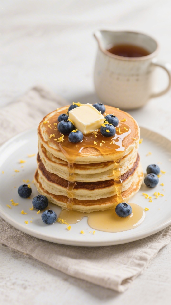Final plated overhead shot: A tall stack of blueberry protein pancakes on a matte white plate, toppe