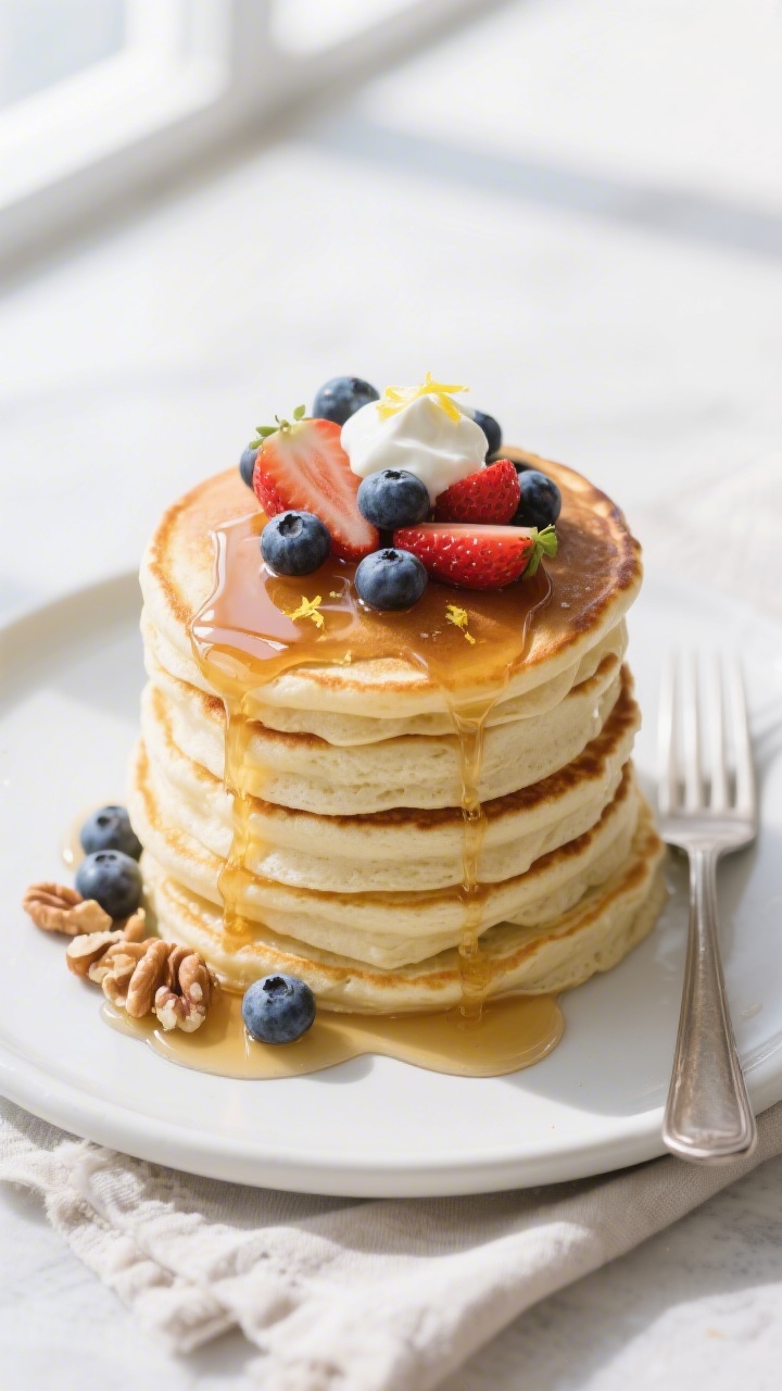 Final plated overhead shot: A tall stack of fluffy Greek yogurt pancakes with golden edges on a matt