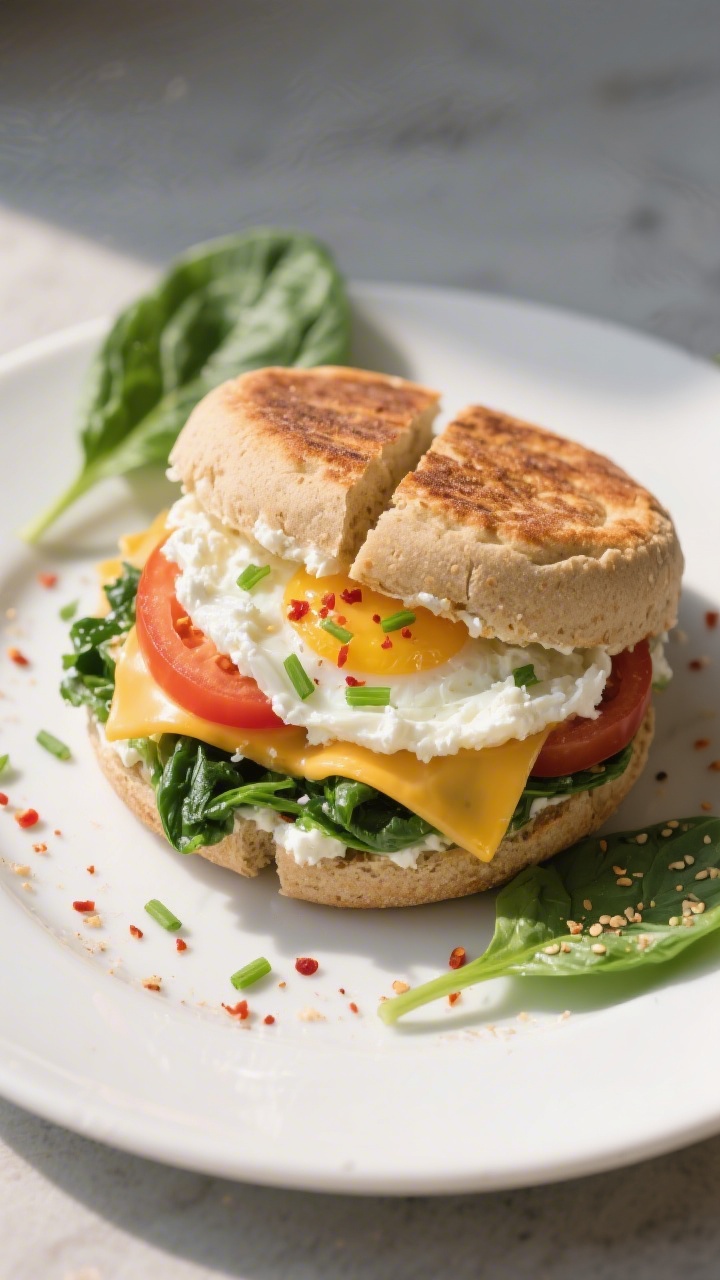 Final plated overhead shot: Cottage Cheese Egg White Breakfast Sandwich Melt on a toasted whole whea
