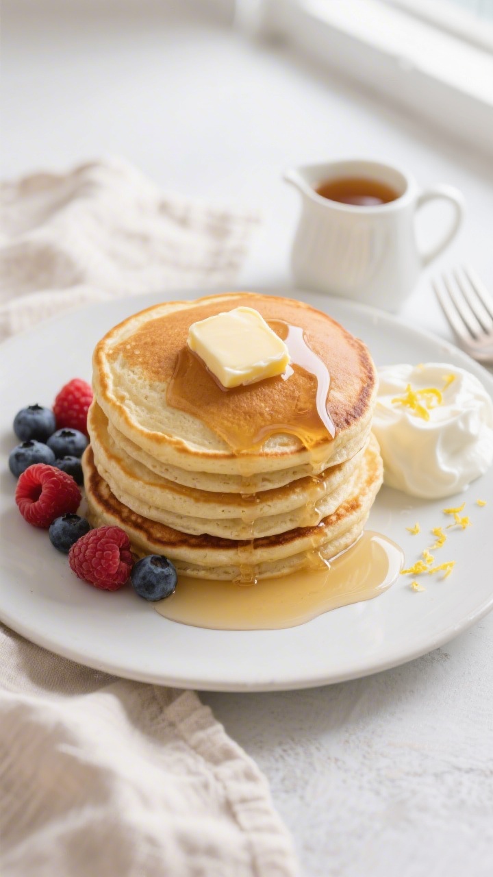 Final plated overhead: Stack of fluffy keto protein pancakes on a matte white plate, topped with a p