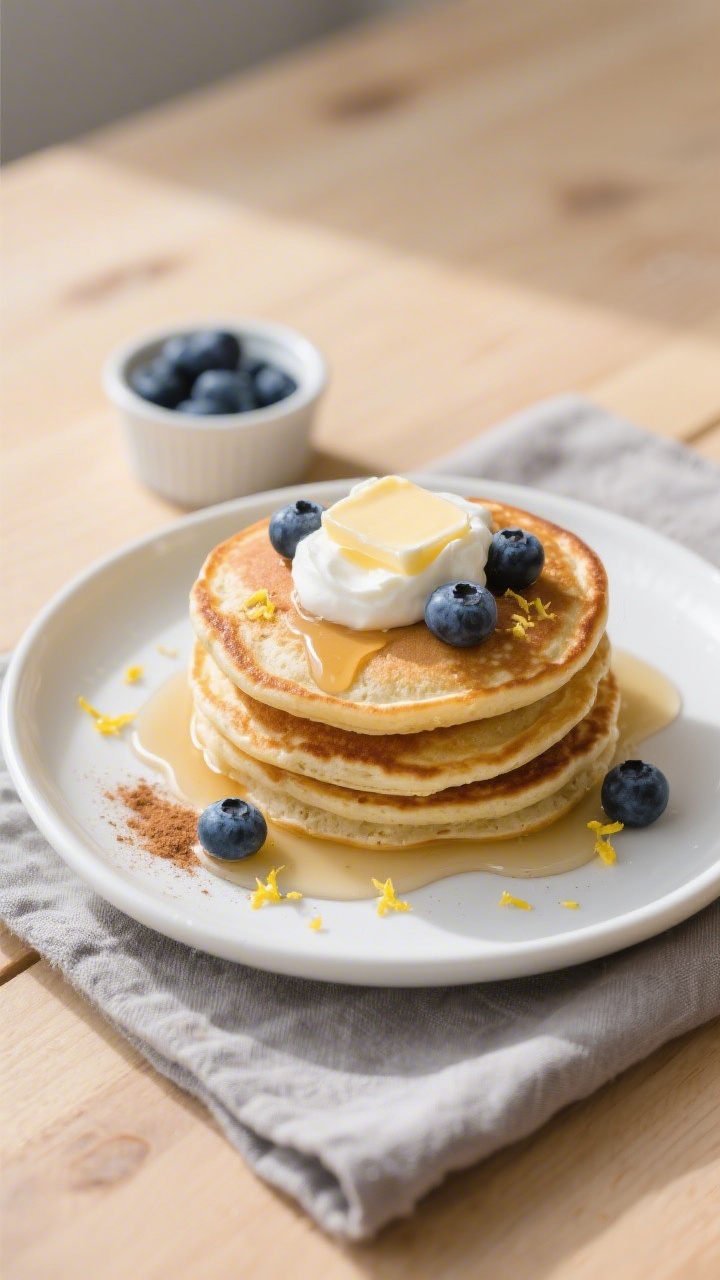 Final plated overhead: Stack of small almond flour protein pancakes on a white ceramic plate, topped
