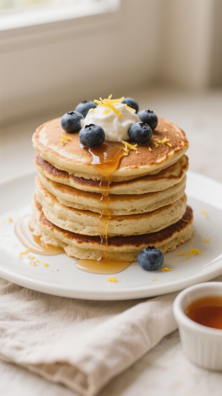 Final plated overhead: Tall stack of vegan protein pancakes on a matte white plate, topped with fres