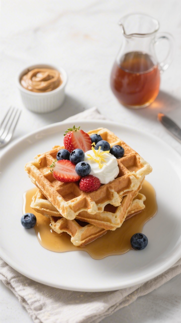 Final plated overhead: Tasty top-down shot of a stack of crispy Greek yogurt protein waffles on a ma