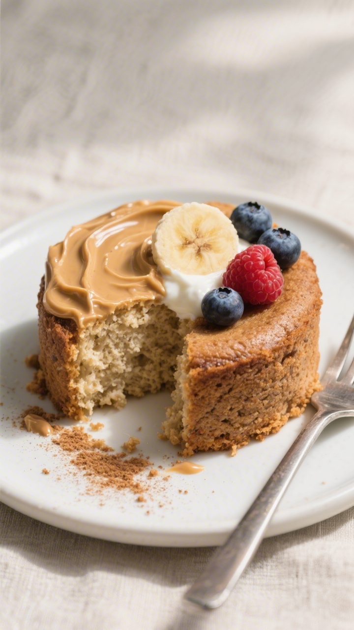 Final plated overhead: Tasty top-down shot of the finished high protein mug cake turned out onto a s