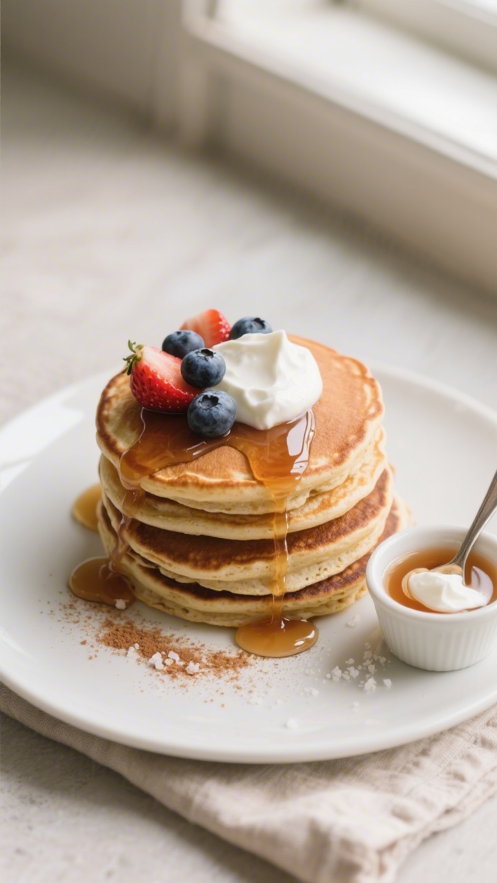 Final plated overhead: Tasty top view of a tall stack of sourdough protein pancakes on a matte white