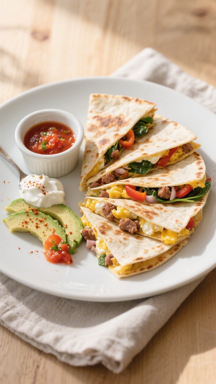 Final plated overhead: Top-down shot of sliced high-protein breakfast quesadilla wedges arranged in