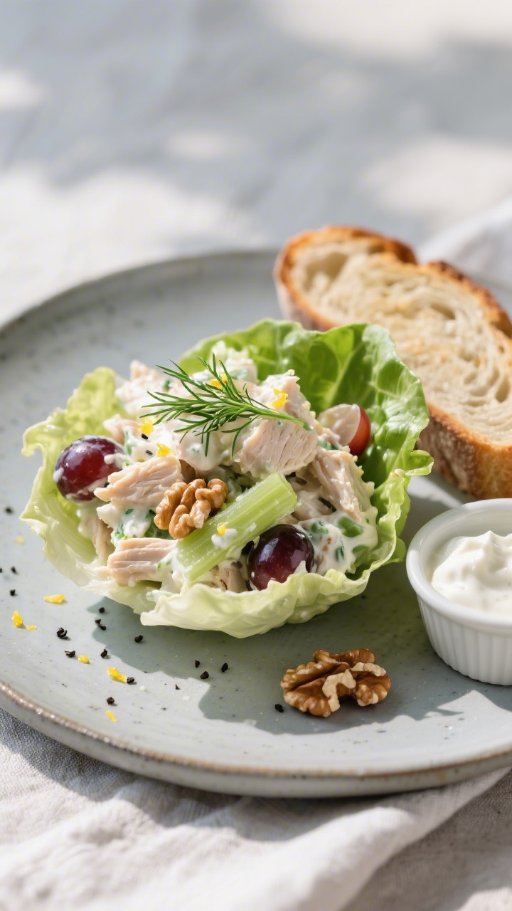 Final plated presentation: close-up 3/4 angle of the finished Creamy Greek Yogurt Chicken Salad pile
