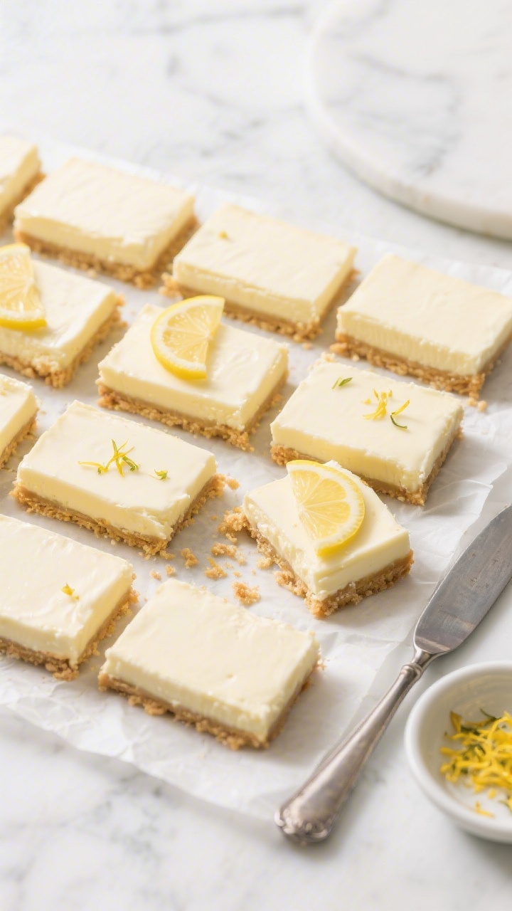 Final presentation overhead: Neatly sliced Greek Yogurt Lemon Cheesecake Bars arranged in a tidy gri