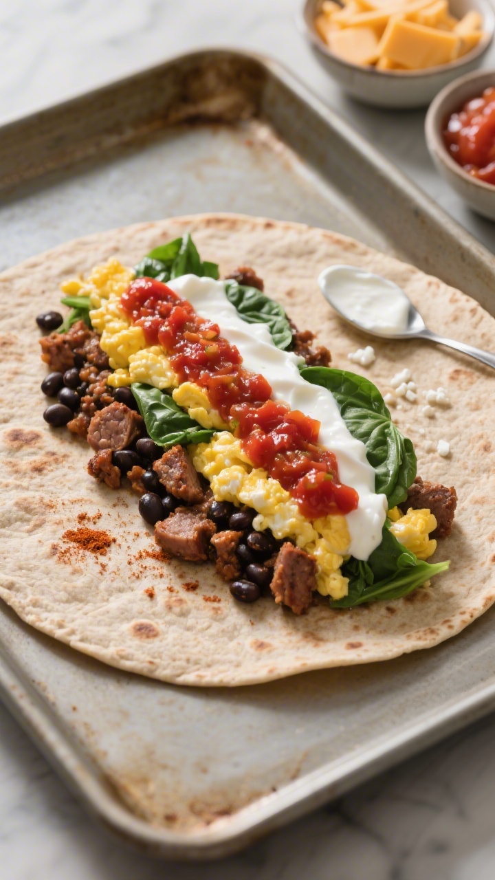 Overhead cooking-process shot of the scramble-and-fill stage: a warm 10-inch whole-wheat tortilla on