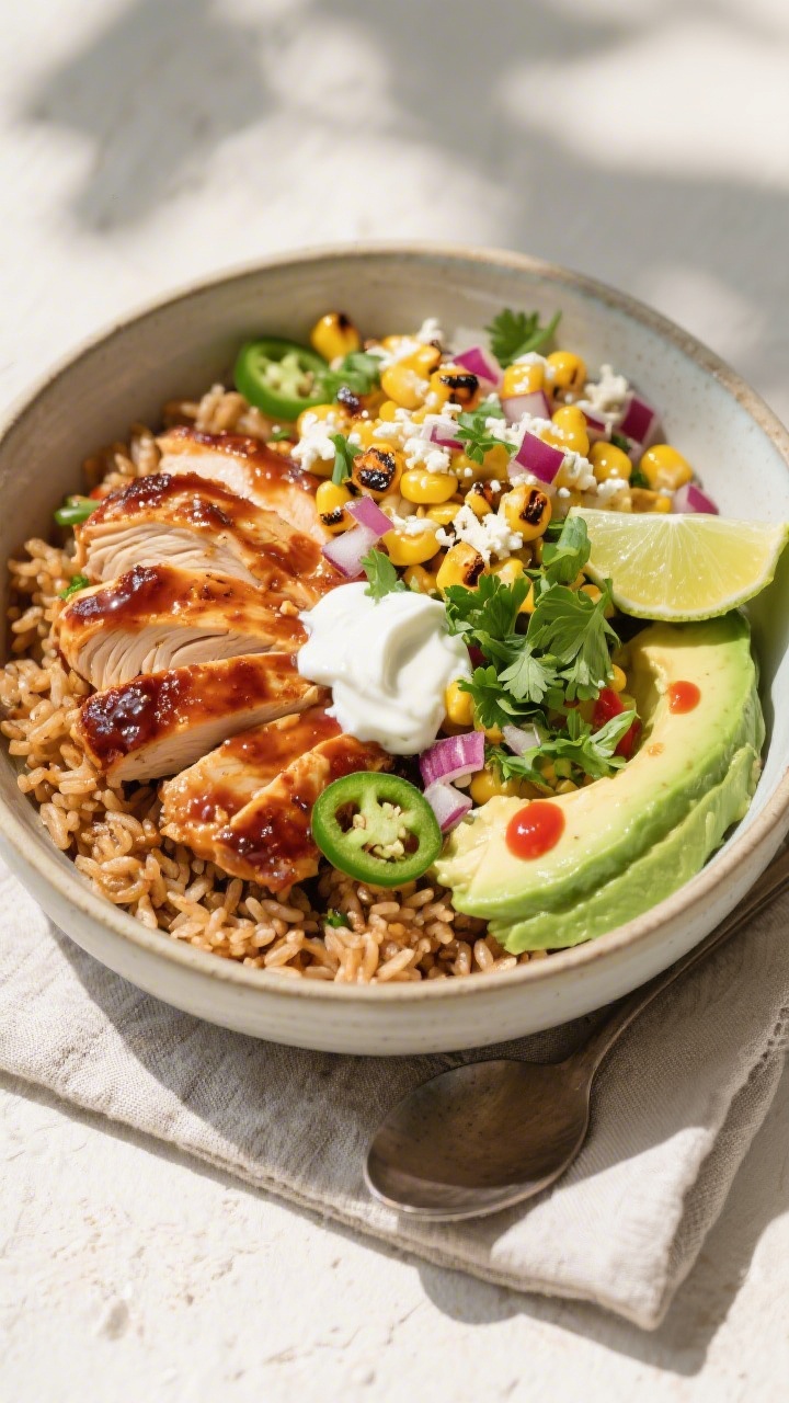 Overhead final bowl presentation: High Protein BBQ Chicken Street Corn Bowl assembled in a wide, sha