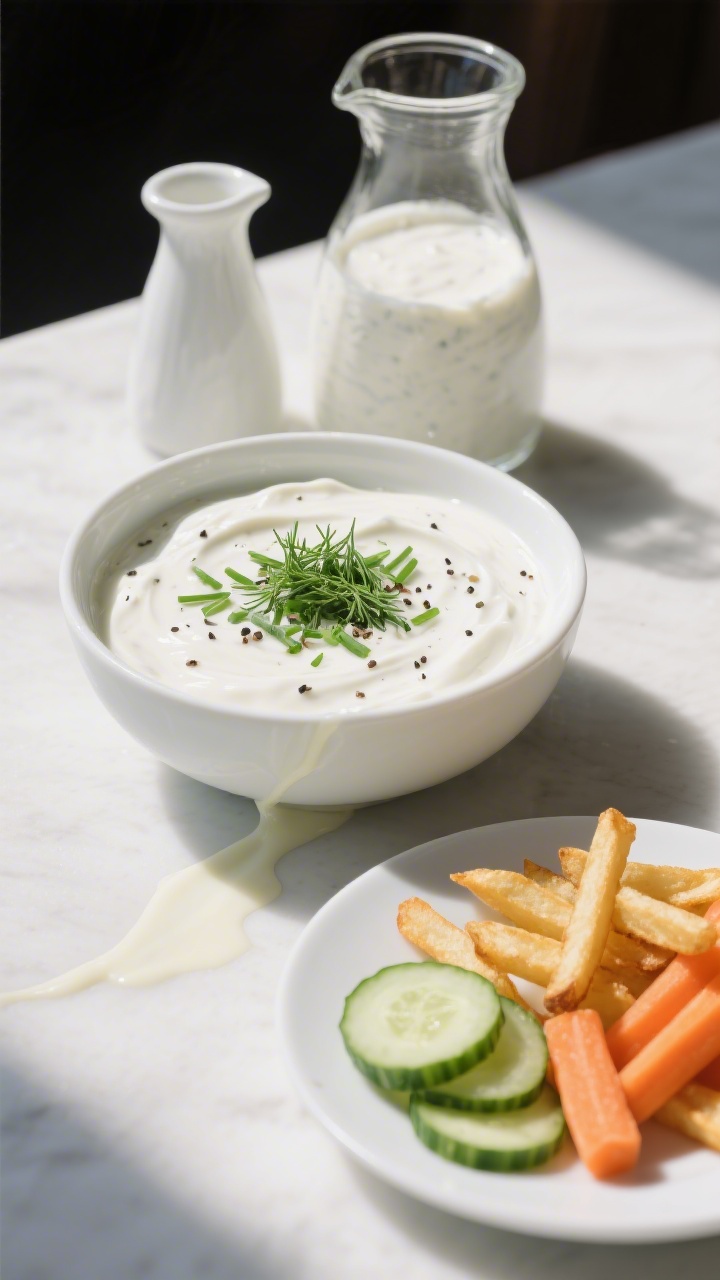 Overhead final presentation: a small carafe and a low, wide bowl of thick Greek yogurt ranch on a ma