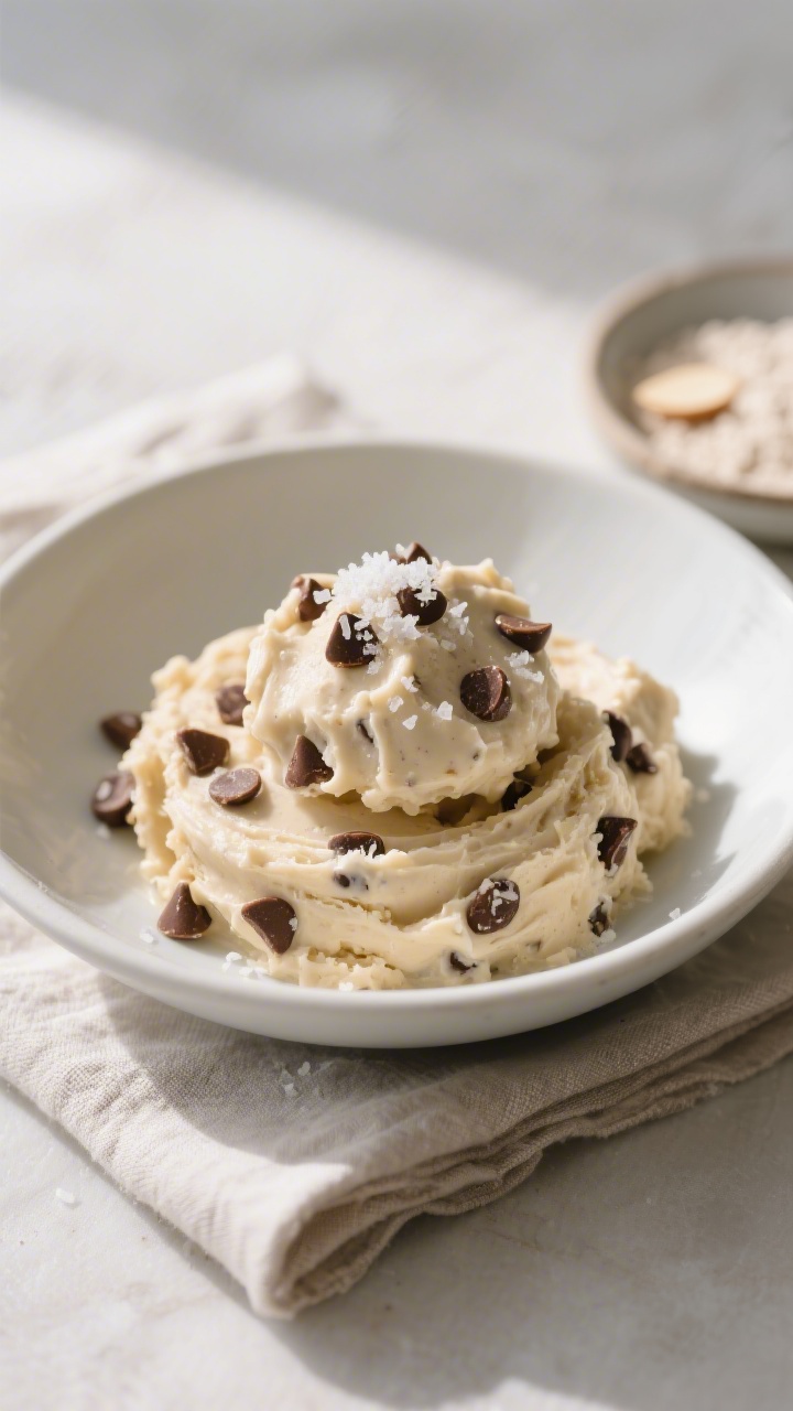 Overhead final presentation of a chilled, scoopable mound of Chocolate Chip Greek Yogurt Cookie Doug