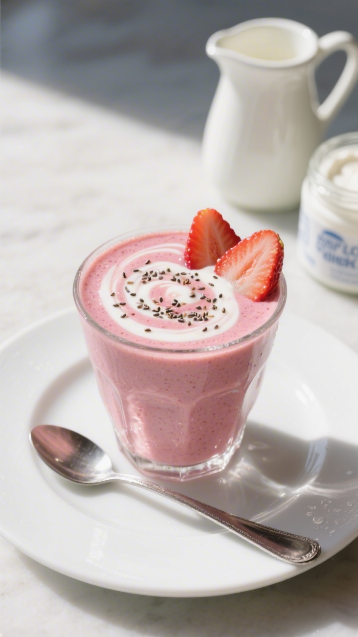 Overhead final presentation of a spoon-worthy strawberry Greek yogurt smoothie in a clear, slightly 