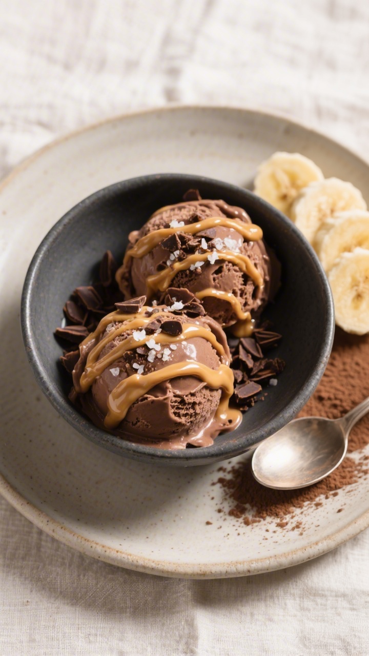 Overhead final presentation of two scoops of chocolate-peanut-butter protein banana ice cream in a m