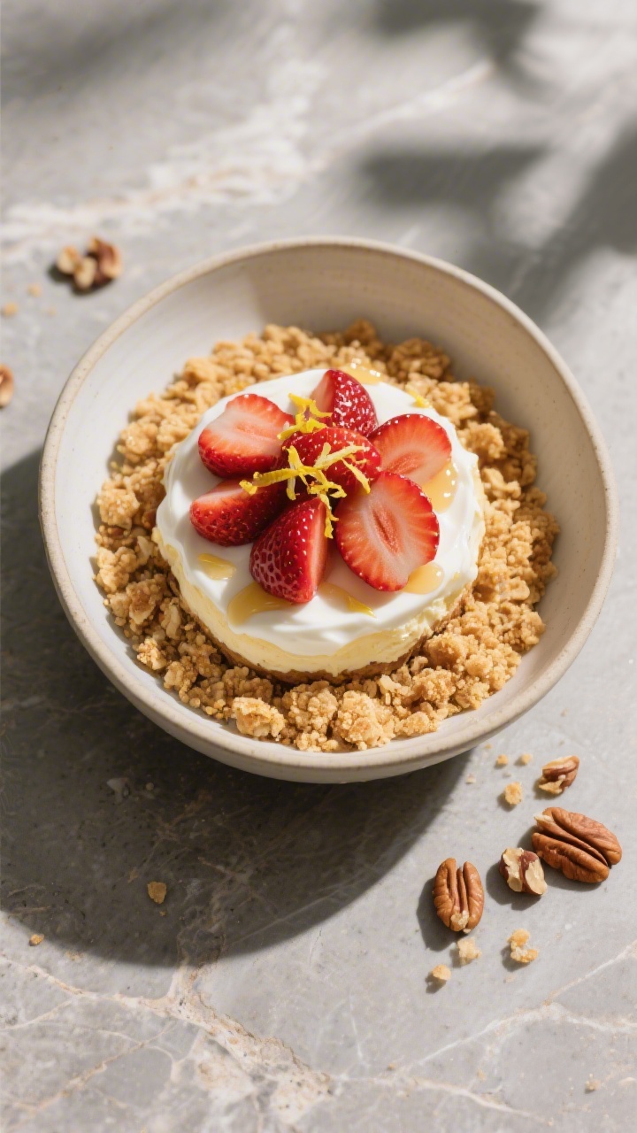 Overhead final presentation: Strawberry Cheesecake Greek Yogurt Bowl fully assembled in a wide shall