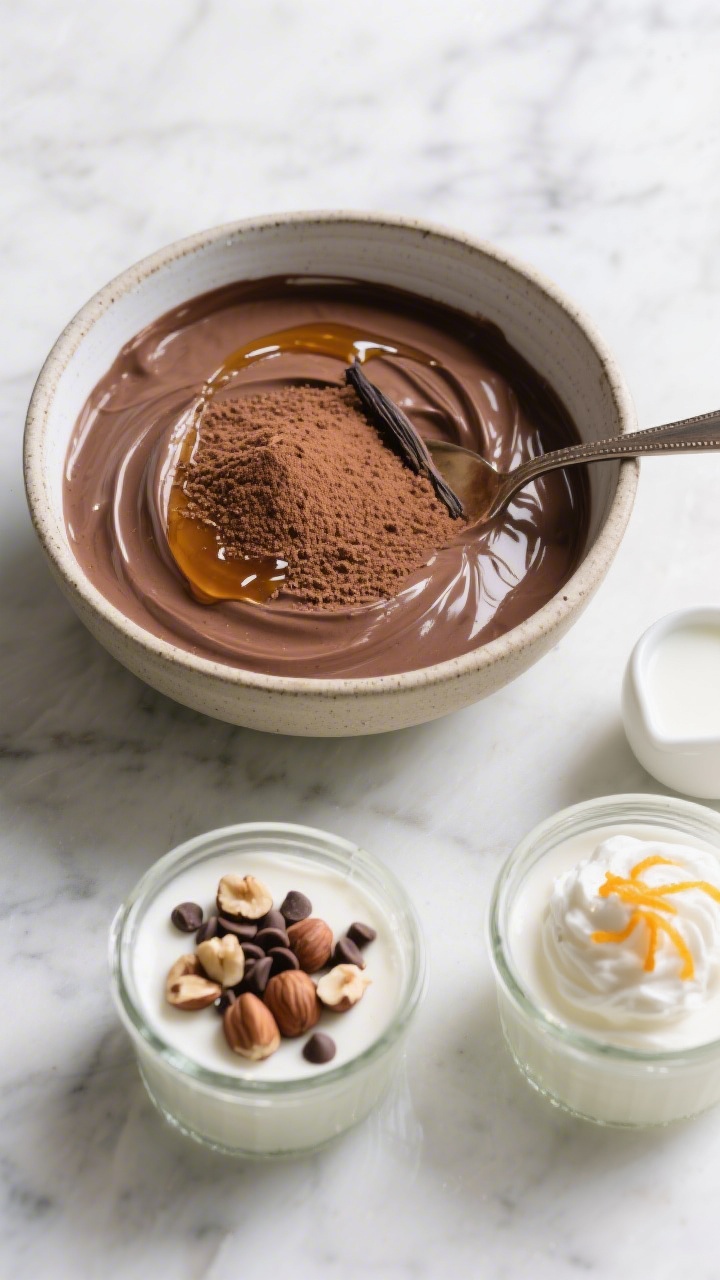 Overhead “prep-to-serve” process scene: the chocolate Greek yogurt whisked smooth in a medium ce