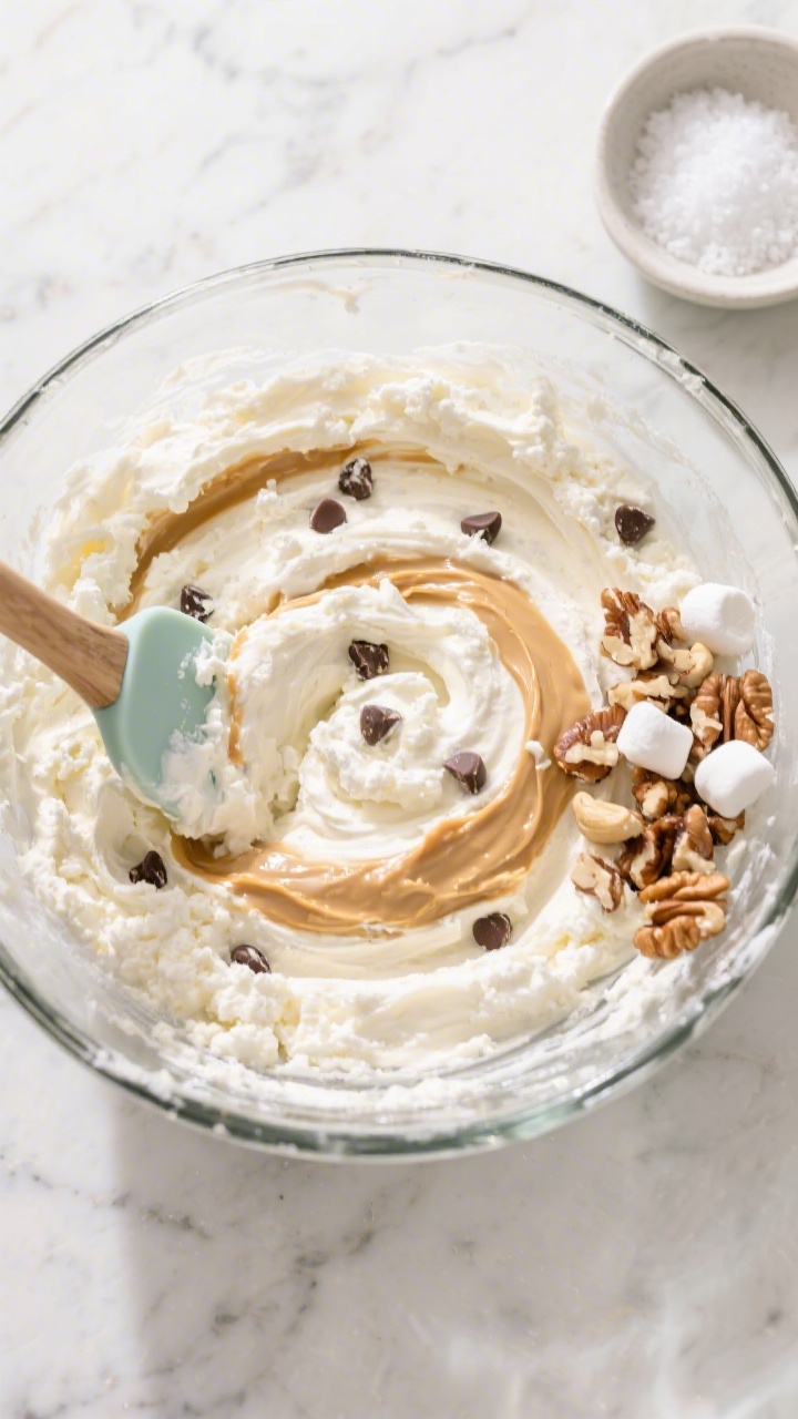 Overhead process shot of the Cottage Cheese Chocolate Chip Cookie Dough being mixed in a glass bowl: